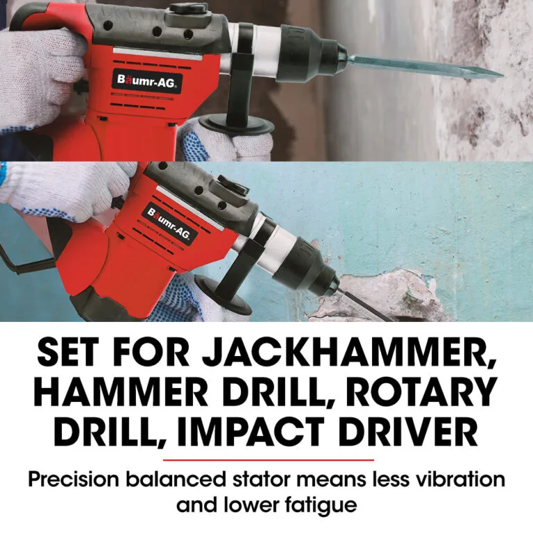 Baumr-AG 1500W Pro-Grade Electric Rotary Jackhammer Drill, with 2 Bonus Chisels, 3 Drill Bits