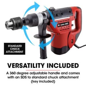 Baumr-AG 1500W Pro-Grade Electric Rotary Jackhammer Drill, with 2 Bonus Chisels, 3 Drill Bits